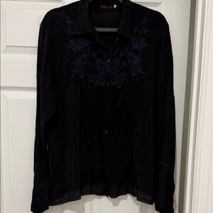 Johnny Was Button up Black Blouse with Embroidery XL
